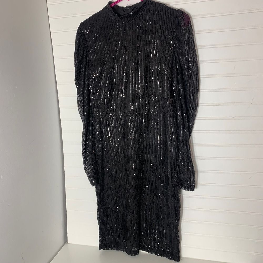 Mabell Black Sequin Mock Neck Long Sleeve Midi Dress Womens Size M